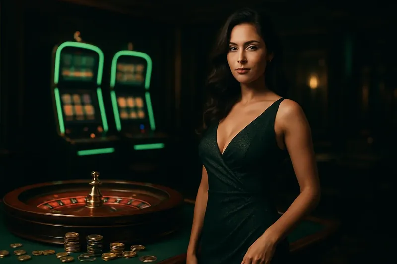Confident woman in evening dress near roulette and slot machines in luxury Bangladeshi casino with neon green and gold accents